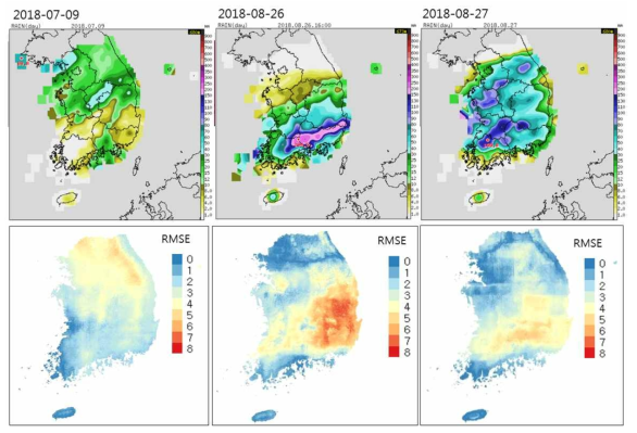 강수발생시 RF기법 분석장·예보장 RMSE 분포