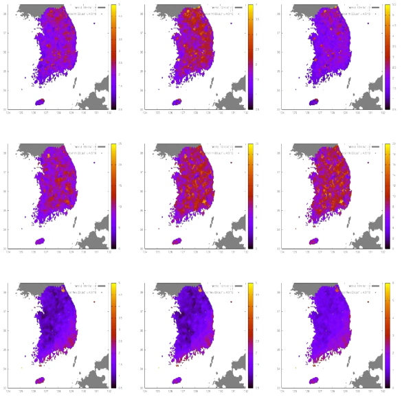 동네예보 분석장을 이용하여 검증된 상세기상정보의 변수별 RMSE(왼쪽부터 GPRM, RF, SVM 기법 순, 위부터 기온, 상대습도, 풍속 순)