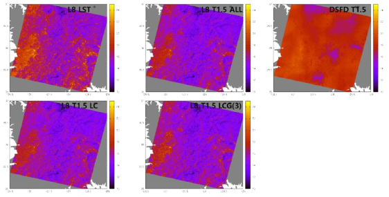 2018년 10월 25일 11:05의 1km 기온상세장(DSFD T1.5)과 시공간 일치된 Landsat8 LST(L8 LST), 단일식(L8 T1.5 ALL), 지표유형별 식(L8 T1.5 LC), 지표유형그룹별 식(L8 T1.5 LCG)을 적용한 기온의 분포