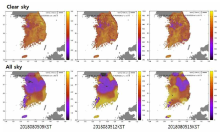 2018년 8월 5일 09, 12, 15KST의 KLAPS 기반 맑은 상태의 일사량(상단)과 구름을 고려한 일사량(하단)
