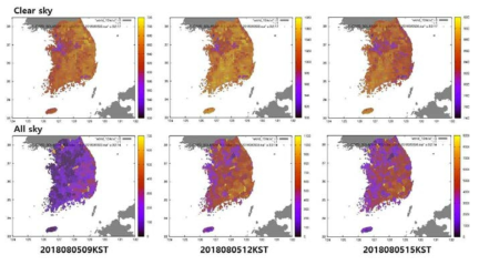 2018년 8월 5일 09, 12, 15KST의 DSFD ODAM 기반 맑은 상태의 일사량(상단)과 구름을 고려한 일사량(하단)