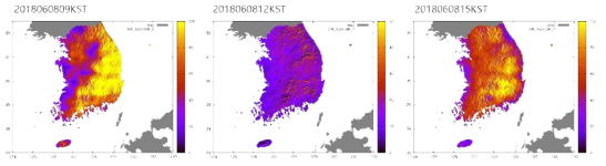 2018년 6월 8일 09, 12, 15KST의 사면일사량과 수평면일사량의 편차