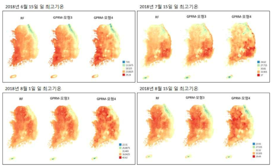 모형3, 모형4의 최고기온 공간분포 비교