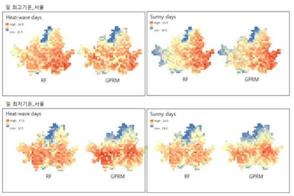 서울지역 폭염사례일과 일반 여름사례일의 기법별(RF/GPRM) 공간편차 비교