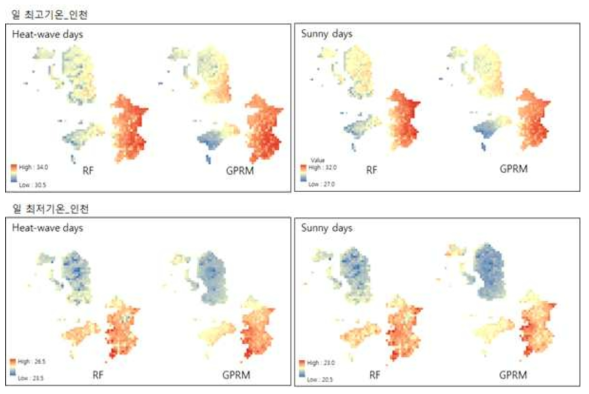 인천지역 폭염사례일과 일반 여름사례일의 기법별(RF/GPRM) 공간편차 비교