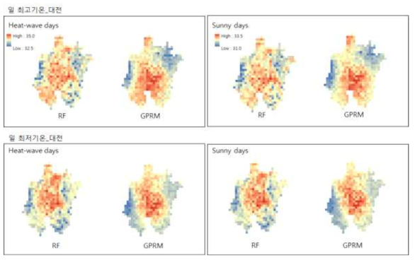 대전지역 폭염사례일과 일반 여름사례일의 기법별(RF/GPRM) 공간편차 비교