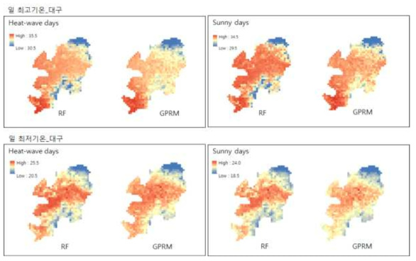 대구지역 폭염사례일과 일반 여름사례일의 기법별(RF/GPRM) 공간편차 비교