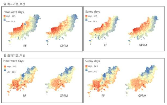 부산지역 폭염사례일과 일반 여름사례일의 기법별(RF/GPRM) 공간편차 비교