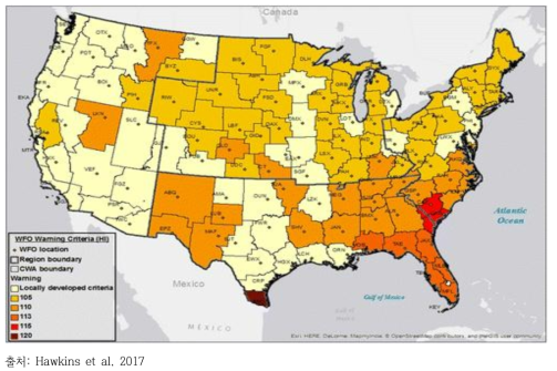 지역별 Excessive Heat Warning 임계 열지수(HI)