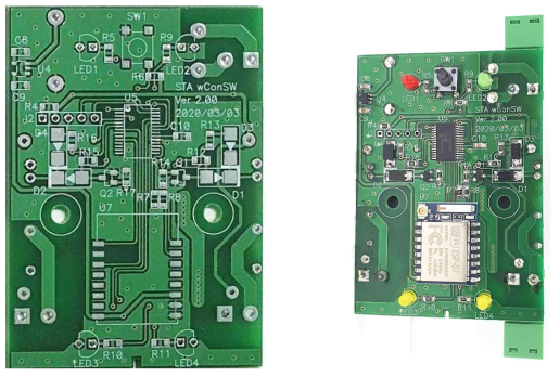 제어모듈(와이파이) PCB 기판(좌) 및 전자 부품을 수삽한 기판(우)