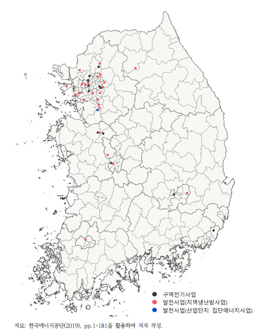 LNG 열병합발전시설의 위치(2018년 기준)