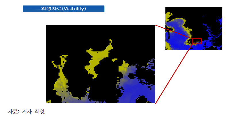 2017년 5월 한 시점의 수중 가시거리(visibility) 위성자료