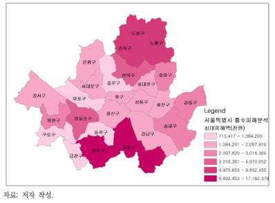 서울특별시 자치구별 최대 홍수 피해액(1995~2018년)