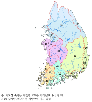 연구의 공간적 범위(대권역 코드): 한강(10), 낙동강(20), 금강(30), 영산강(50)