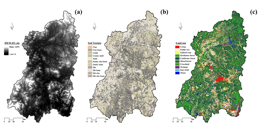 낙동강 대권역 지형입력자료: (a) DEM, (b) 토양도 (c) 토지피복도