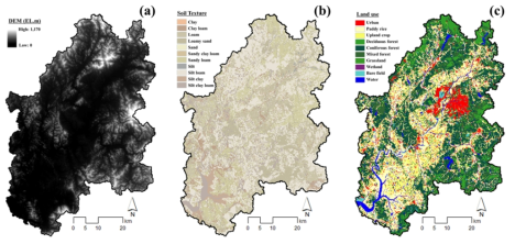 영산강 대권역 지형입력자료: (a) DEM, (b) 토양도 (c) 토지피복도