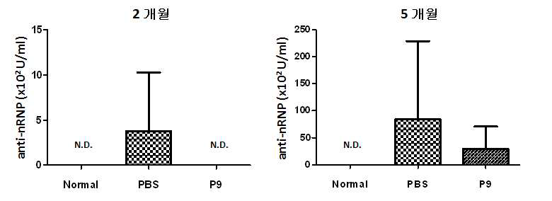 SLE 실험동물 혈액내 anti-nRNP 항체 검출 (N.D.; Not detected)