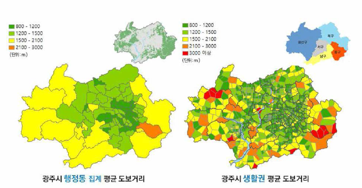 도보 통행시간 및 통행거리 도수 분포