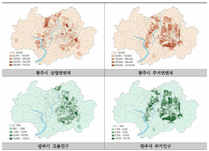 생활권별 상업 · 주거연면적 및 주거 · 고용인구