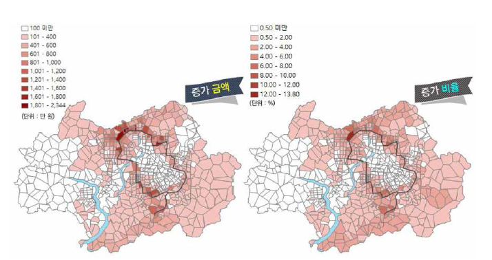 통근시간 절감에 대한 아파트 전세가 상승 지역 및 크기 예측 - 3인 이상 가구