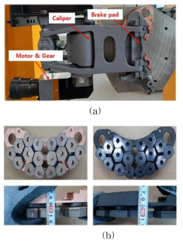 (a)EMB 설치환경, (b) 신규 및 마모 제동패드