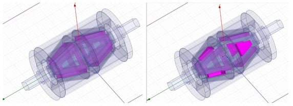 (좌)기존 전자석 이용 가변강성 조인트 설계안, (우) 영구자석 조합 신규 가변강성 조인트 설계안