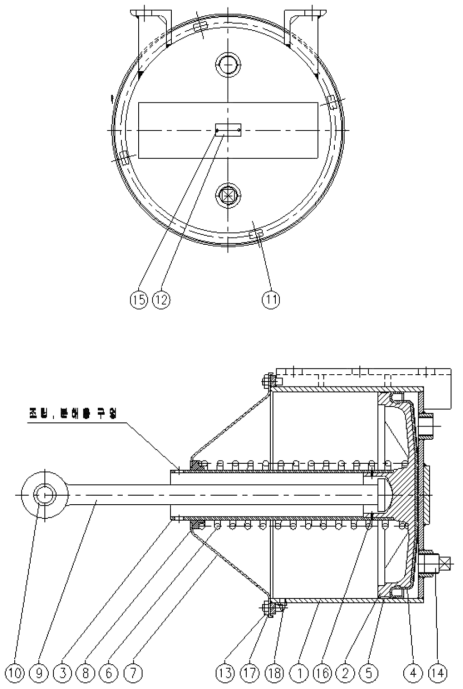 제동 실린더의 정면도 및 측면도