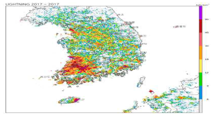2017년 대한민국 낙뢰발생 횟수 분포도(기상청 낙뢰연보)