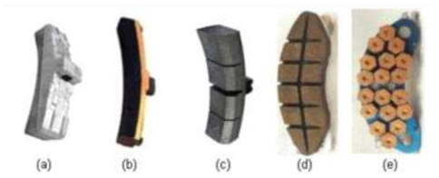 재료와 형상에 따른 철도차량의 제동마찰재 (a) 주철슈, (b) 고무슈, (c) 합성슈, (d) 합성패드, (e) 소결패드