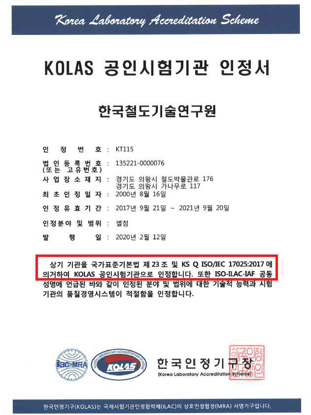 KOLAS 공인시험기관 인정서