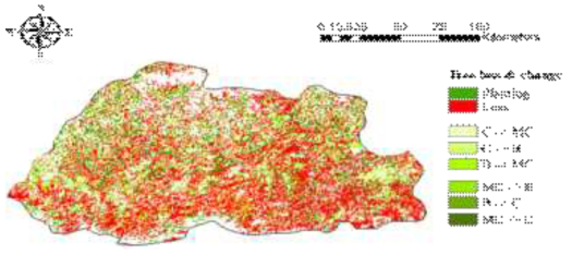 부탄 1995-2017 Tree loss & change 지도(Planting: 식재, Loss: 산림손실, C: Conifer forest, B: Broadleaf forest, MC: Mixed conifer forest)