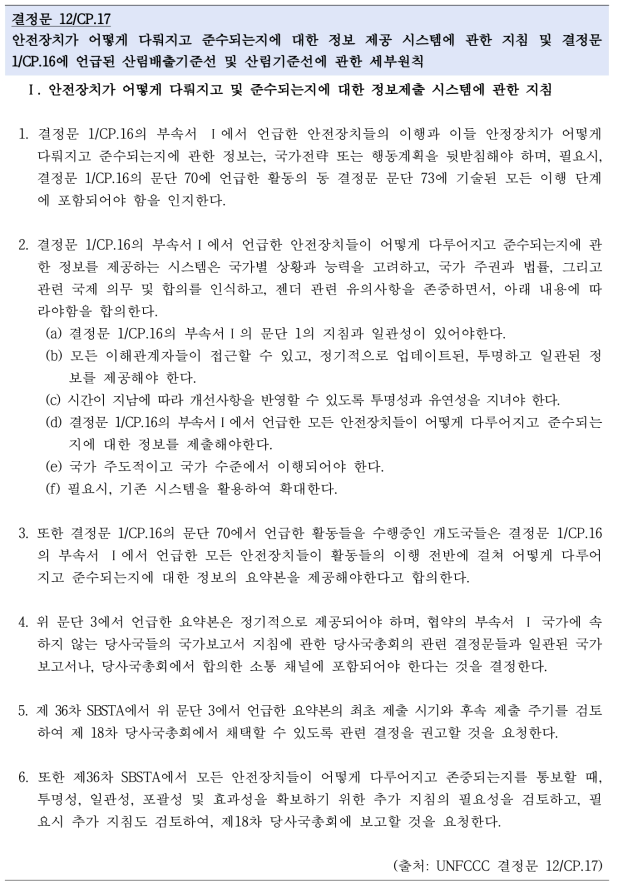 안전장치와 관련한 결정문 12/CP.17