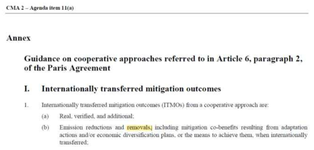 파리협정 제6.2조 협상문서(COP25) 상 사업유형으로 흡수원(removals) 포함