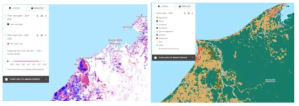 GFW의 Treecover loss & gain(좌), Land cover(우)