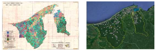 1984년 브루나이 토지피복도(좌), 구글어스에서 설정한 피복분류 검사지점(우)
