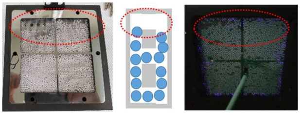1-2차 DFD 모듈의 세라믹유전체 충진 불량 및 플라즈마 방전 비유효면적 방전 사진