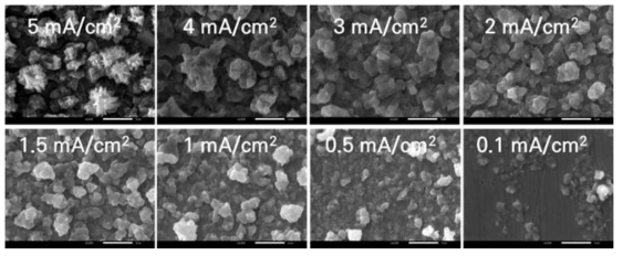 Hull cell 시험편의 구간별 인가된 전류밀도의 표면 형상의 SEM 사진