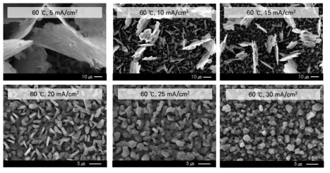 60℃에서 전류밀도에 따른 Al 도금 시편의 표면 SEM 사진