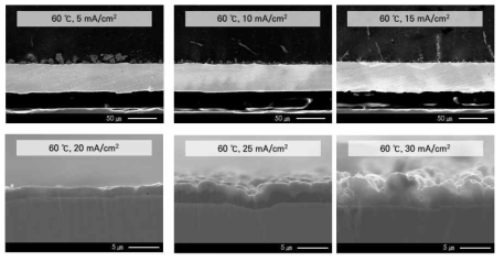 60℃에서 전류밀도에 따른 Al 도금 시편의 단면 SEM 사진