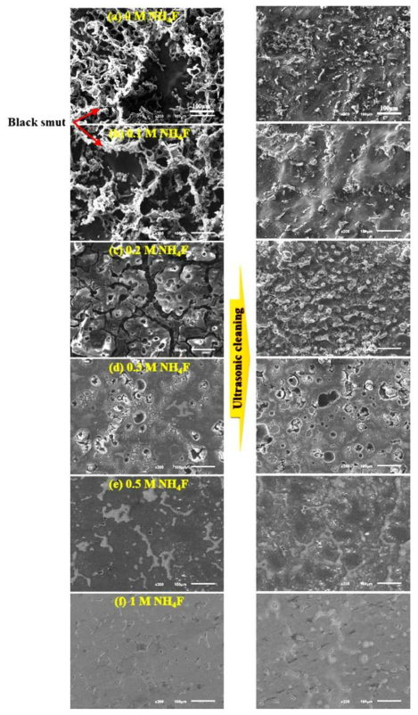 SEM images of pre-treated AZ91 Mg alloy before and after ultrasonic cleaning for 10 min in 98 % ethyl alcohol