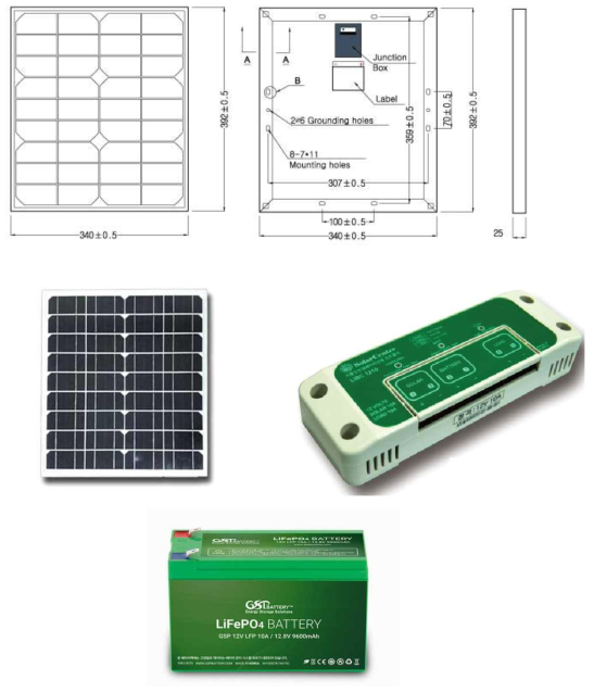 태양전지패널 및 충전콘트롤러 그리고 배터리(예)