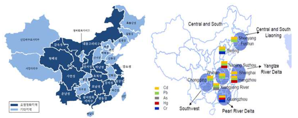 중금속 오염방지 5개년 개획 내 오염정화지역 및 정화사업 주요 지역 * 자료 : 미래환경 (2013)