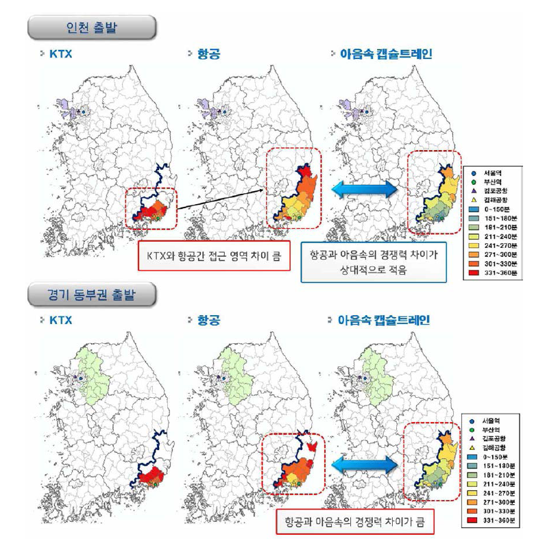 인천 출발시 권역별 수단별 부산-울산 영향권 비교