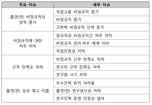 선행연구 고찰 결과 비정규직 및 연구집중도 관련 주요 이슈