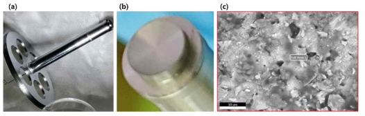 (a)전자총 cathode-heater 조립체, (b)조립체에서 부착된 cathode 모습, (c)부서진 조립체로부터 추출한 cathode 표면의 BSE(Backscattered electron image) (x5000 배)