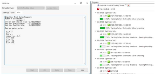 Particle Tracking 솔버에 최적화 알고리즘을 적용하는 모습