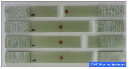 0°/90° 방향 적층 복합재 시편의 인장에 의한 파손형상