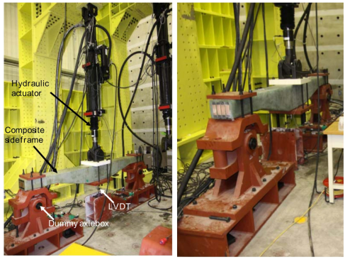 Composite side frame test setup; (a) manufactured by autoclave, (b) manufactured by RTM