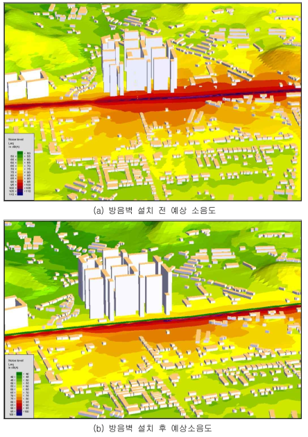 일반구간(K역∼A역 인근) Case 1 방음대책 수립 전ㆍ후의 소음해석 결과
