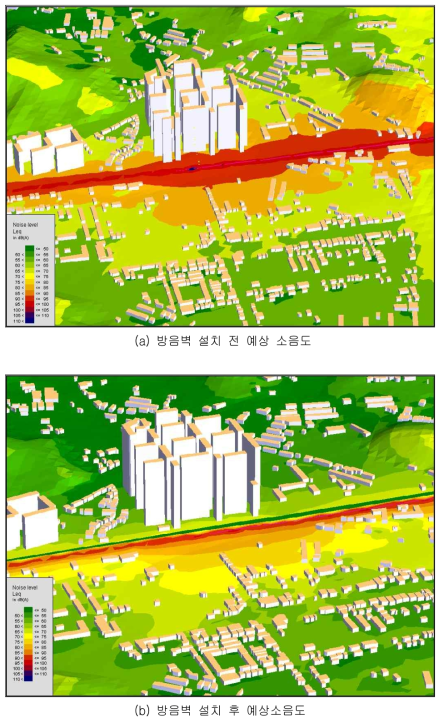 일반구간(K역∼A역 인근) Case 4 방음대책 수립 전ㆍ후의 소음해석 결과
